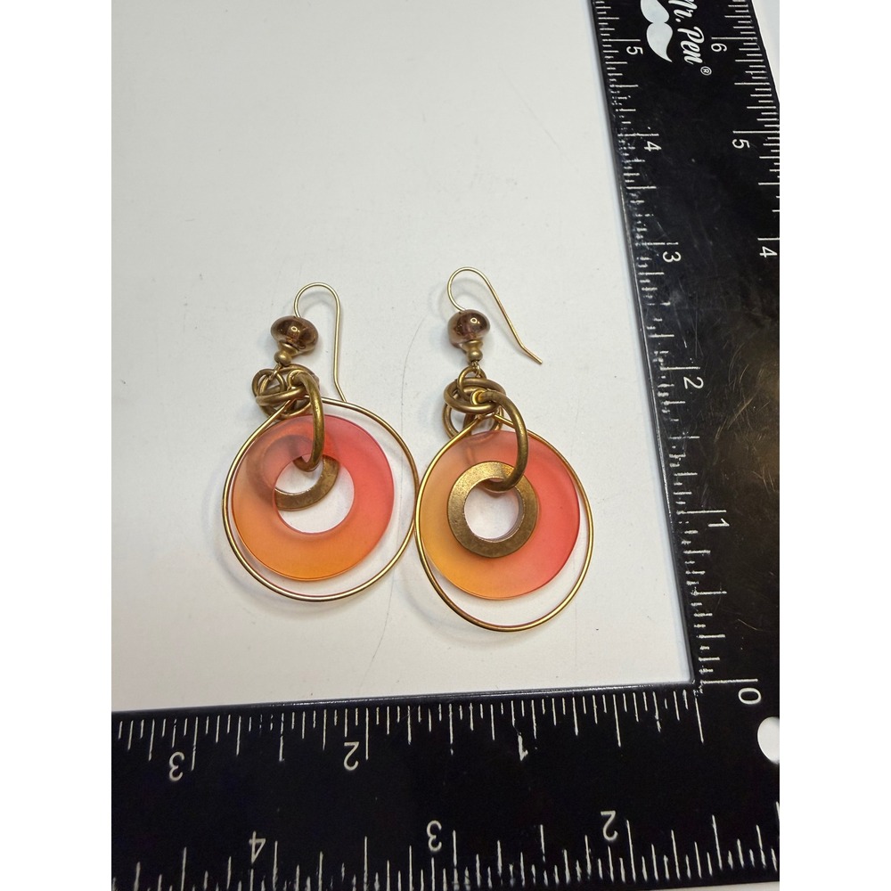 Sunset Ombre Resin Hoop Drop‎ Earrings Antique Gold Tone Geometric Statement